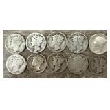 (10) 1923-26 90% Silver Mercury Dimes