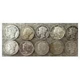 (10) 1939-42 90% Silver Mercury Dimes