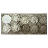 (10) 1927-30 90% Silver Mercury Dimes