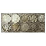 (10) 1936-39 90% Silver Mercury Dimes