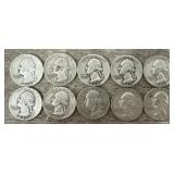 (10) 1936-62 90% Silver Washington Quarters