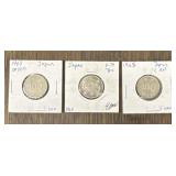 (3) 1963, 1964, 1965 Japan Silver 100 Yen Coins