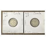 (2) 1912 & 1913 Silver Canadian Dimes
