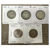 (5) 1907-08 90% Silver Barber Quarters