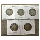 (5) 1896-99 90% Silver Barber Quarters