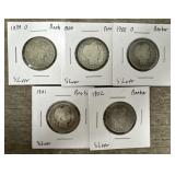 (5) 1899-1902 90% Silver Barber Quarters
