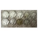 (10) 1918-23 90% Silver Mercury Dimes
