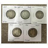 (5) 1909-12 90% Silver Barber Quarters