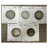 (5) 1903-06 90% Silver Barber Quarters
