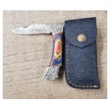 Damascus Folding Knife w/Sheath #2