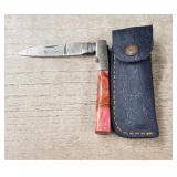 Damascus Folding Knife w/Sheath #1