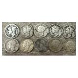 (10) 1930-36 90% Silver Mercury Dimes