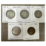 (5) 1914-16 90% Silver Barber Quarters