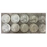 (10) 1939-64 90% Silver Washington Quarters