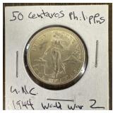 1944 Fifty Centavos Filipinas Silver Coin