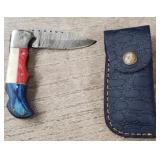 Damascus Folding Knife w/ Sheath #1