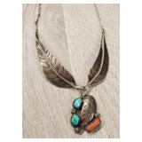 Navajo Sterling Turquoise / Coral Necklace