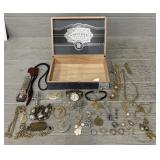 Cigar Box Full of Old Jewelry & Watch