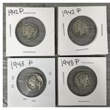 (4) 1942-1943 Assorted Mercury Dimes