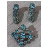 1950s Light Blue Crystal Drop Earrings & Brooch