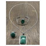 Navajo Sterling & Malachite Necklace, Ring, & Cuff