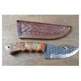 Damascus Steel Guthook Hunter Knife w/ Sheath