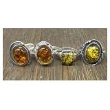 (4) Sterling Silver & Amber Rings