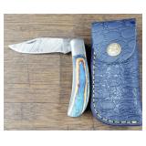 Damascus Folding Knife w/Sheath #2