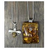 (2) Sterling Silver & Amber Pendant Necklaces
