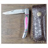 Damascus Folding Knife w/Sheath #1