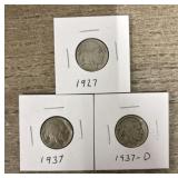 (3) 1927, 37 & 37-D Buffalo Nickels