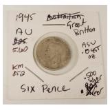 1945 Silver Great Britain 6 Pence