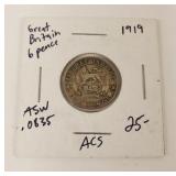 1919  Silver Great Britain 6 Pence