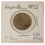 1872  Silver France One Franc Coin