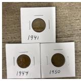 (3) 1941, 44 & 50 Wheat Pennies