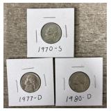 (3) 1970-S, 1977-D & 1980-D Jefferson Nickels