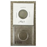 (2) 1907 & 1911 V Nickels