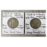(2) 1927-S & 1928-D 90% Silver Liberty Quarters