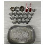 Pewter Dish & (21) Napkin Rings