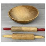 Wooden Bowl with (2) Wooden Rolling Pins