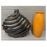 (2) Flower Vases- Orange & Metallic