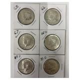 (6) 1965-70 Kennedy Half Dollars 40% Silver