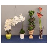 (4) Faux Orchids, Lilies & Topiary