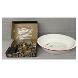 Enamel Wash Basin w/ Variety of Shaving Equipment