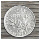 1918 France Silver 50 Centimes