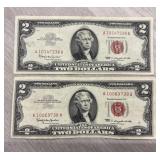(2) 1963 Vintage $2 Bills Red Seal