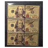 (3) Gold Plated Novelty $100 Notes