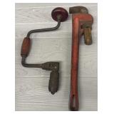 Vintage Hand Crank Drill & Pipe Wrench