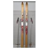 Vintage Wooden Youth Snow Skis w/ Poles