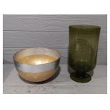 Green Glass Vase Gold Silver Tone Bowl